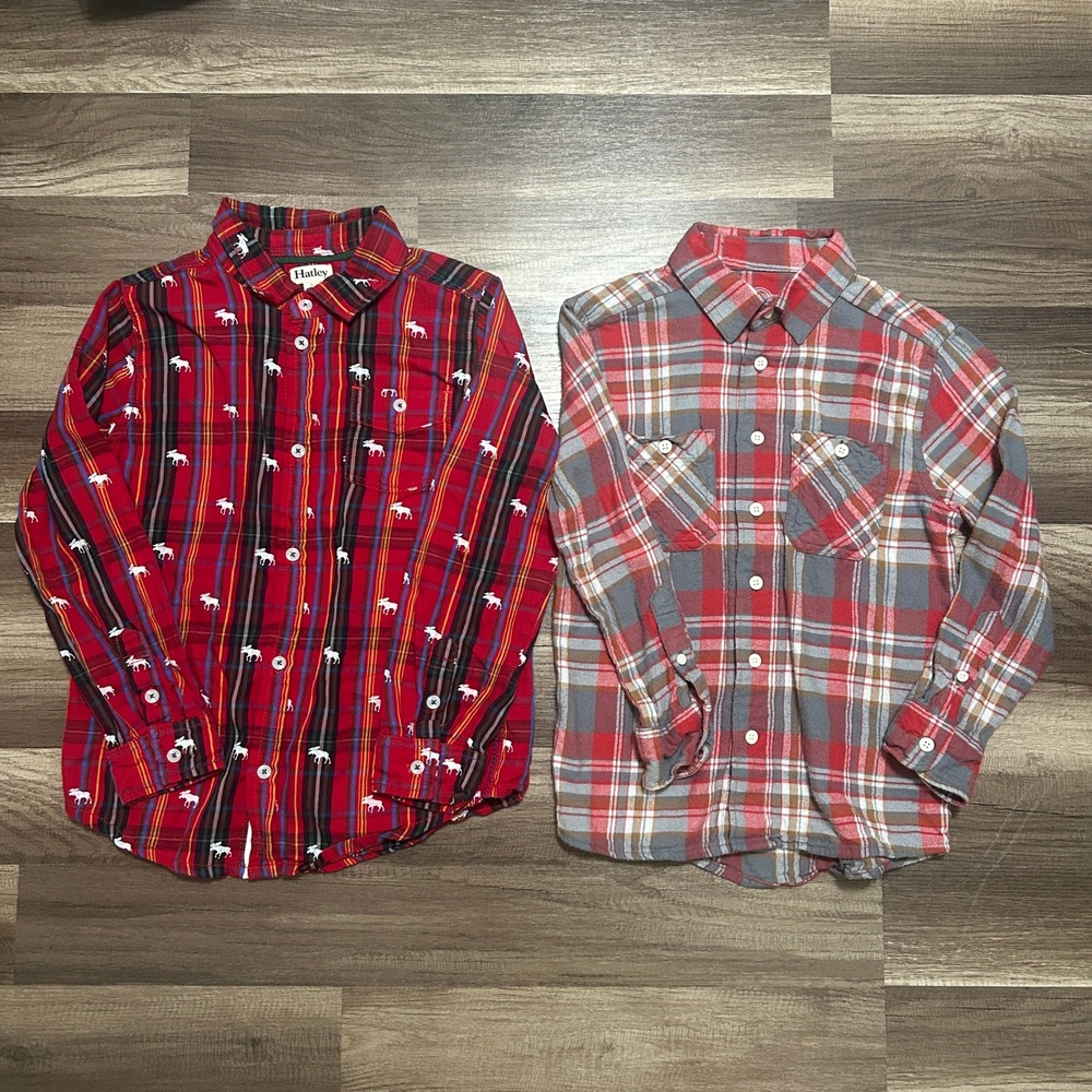 Hatley Wonder Nation Plaid Shirts Boys 8 Red Moose Flannel Bundle 2pc Preppy